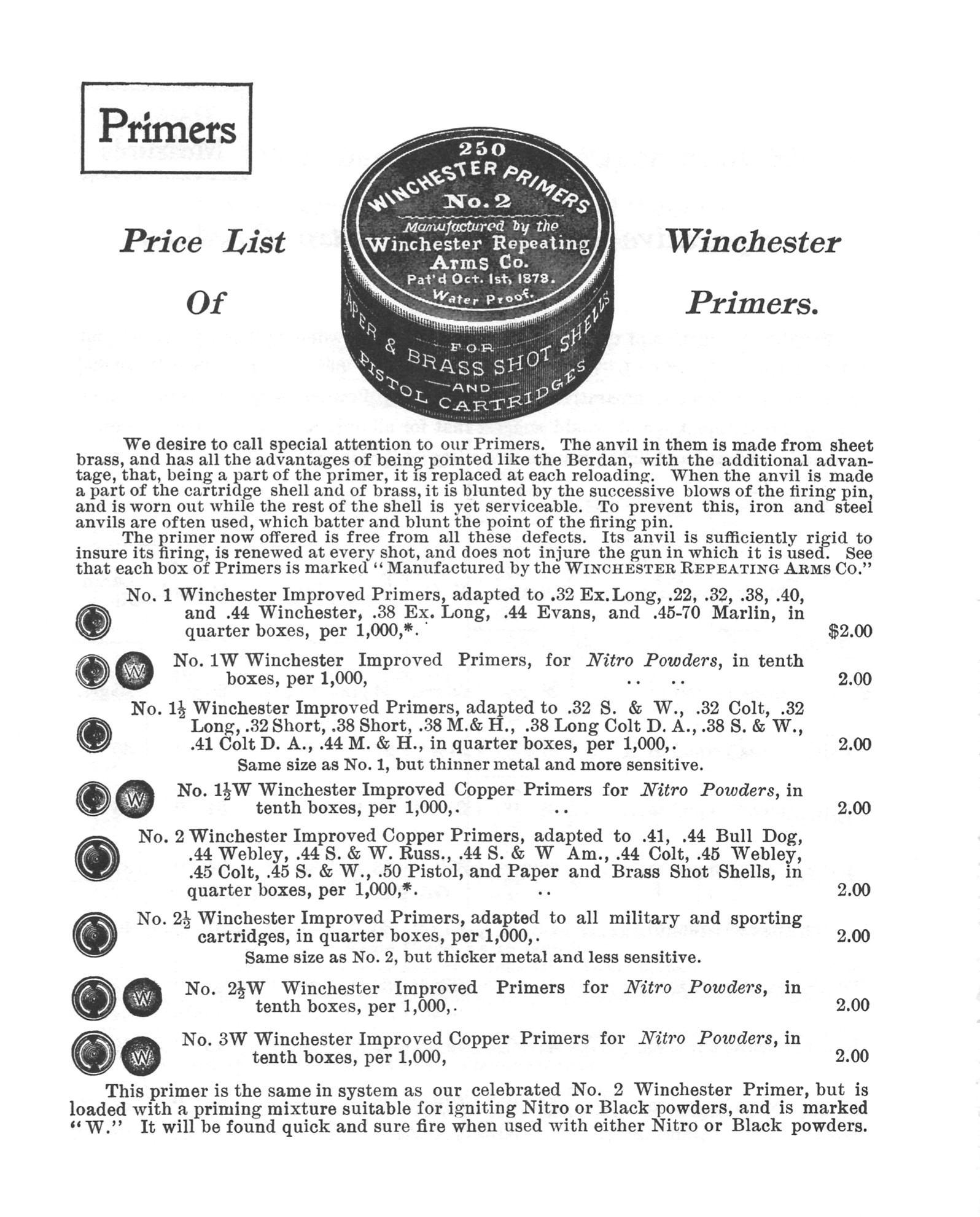 Advertisement from the 1899 Winchester catalog for primers. Note the “W” series primers are recommended for nitro powders.